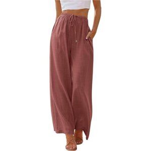 Women’s Linen Palazzo Pants – Flowy Wide Leg Beach Pants with Pockets